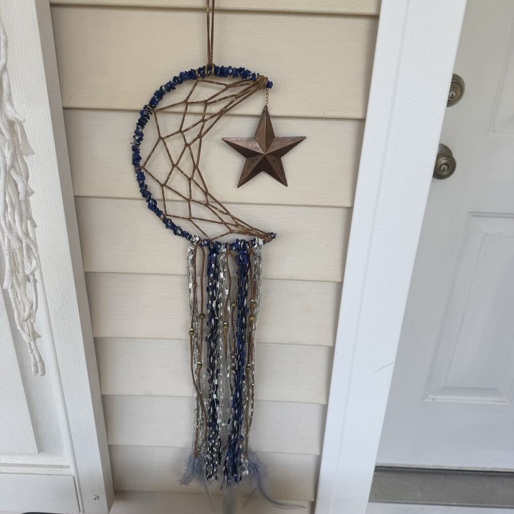 Moon & Star Dream Catcher - Blue & Bronze Wall Hanging, Celestial Room Decor 26" - Picture 3 of 6